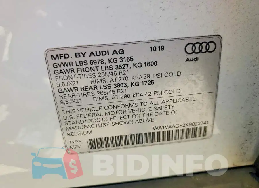 WA1VAAGE2KB022741 Photo# 13