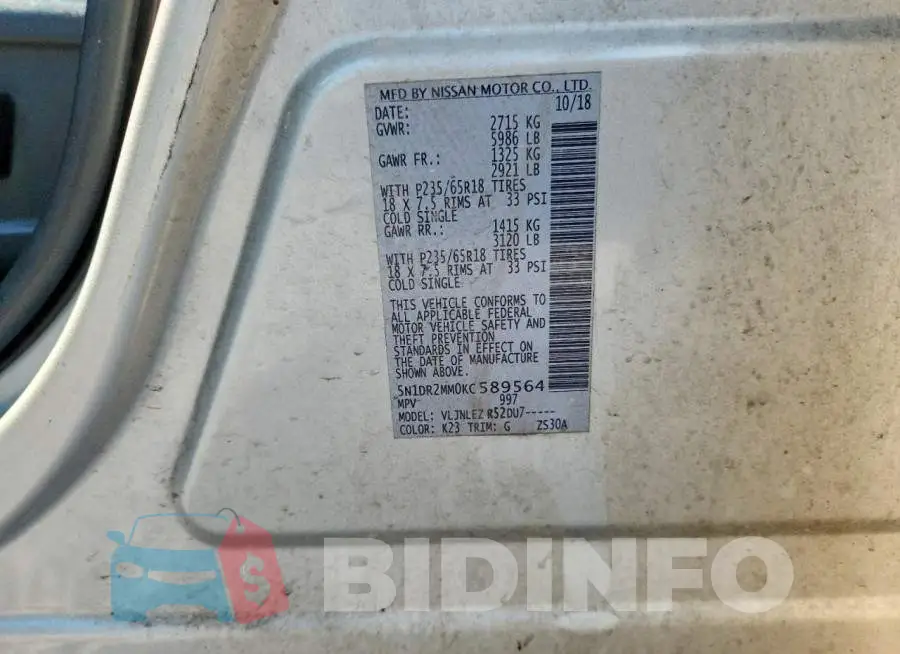 5N1DR2MM0KC589564 Photo# 13