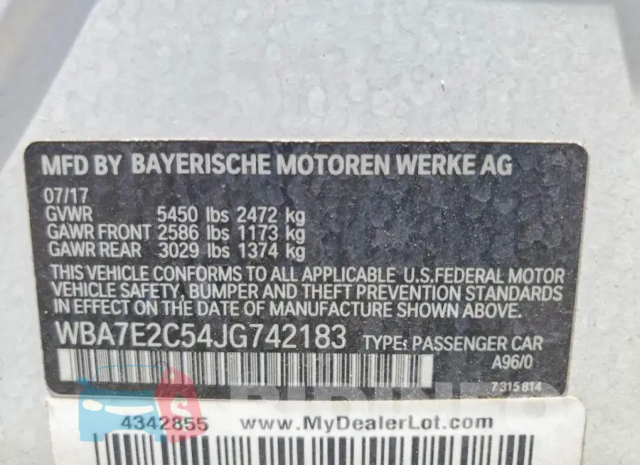 WBA7E2C54JG742183 Photo# 13