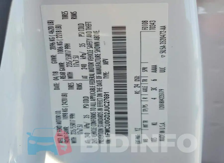 1FMCU0GD2JUC27691 Photo# 14