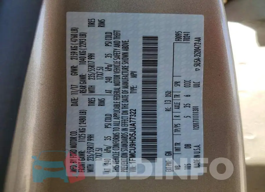 1FMCU9HD5JUA77322 Photo# 14