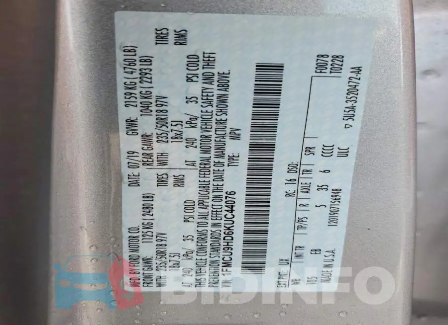 1FMCU9HD6KUC44076 Photo# 14