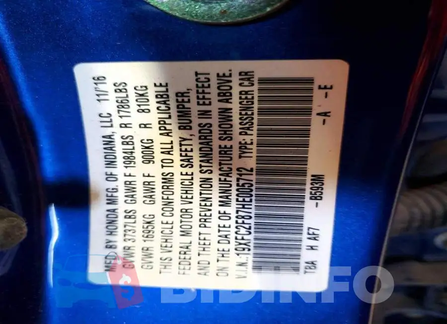 19XFC2F87HE005712 Photo# 12