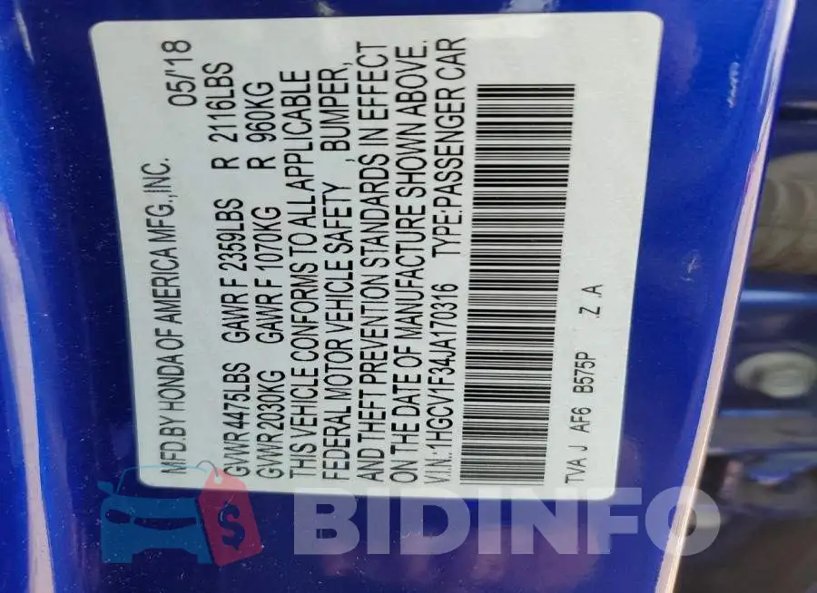 1HGCV1F34JA170316 Photo# 12