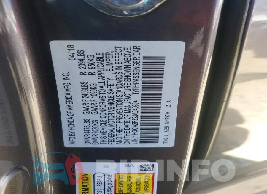 1HGCV2F32JA040394 Photo# 12