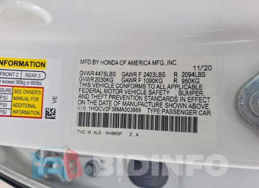 1HGCV2F38MA003869 Photo# 12