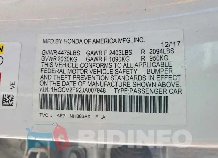 1HGCV2F92JA007948 Photo# 12