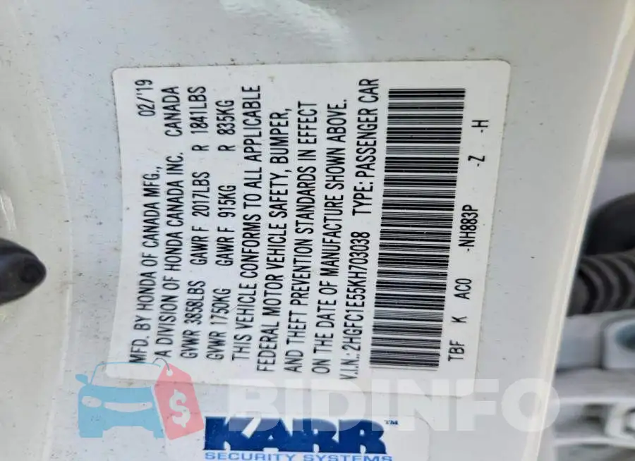 2HGFC1E55KH703038 Photo# 12
