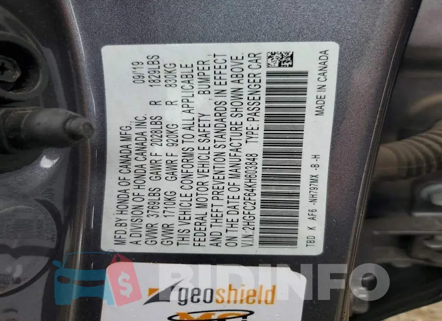 2HGFC2F64KH603848 Photo# 12