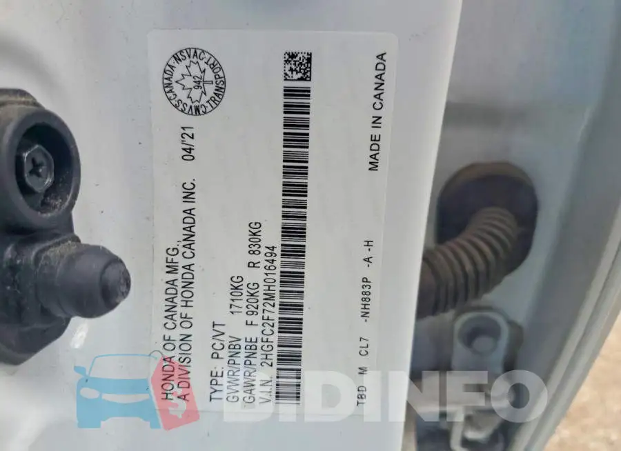 2HGFC2F72MH016494 Photo# 13