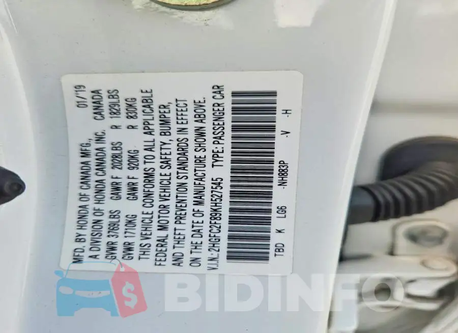 2HGFC2F89KH527545 Photo# 13