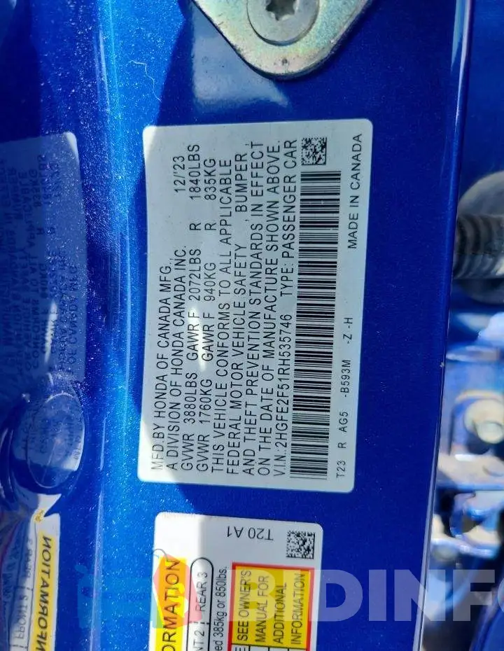 2HGFE2F51RH535746 Photo# 10