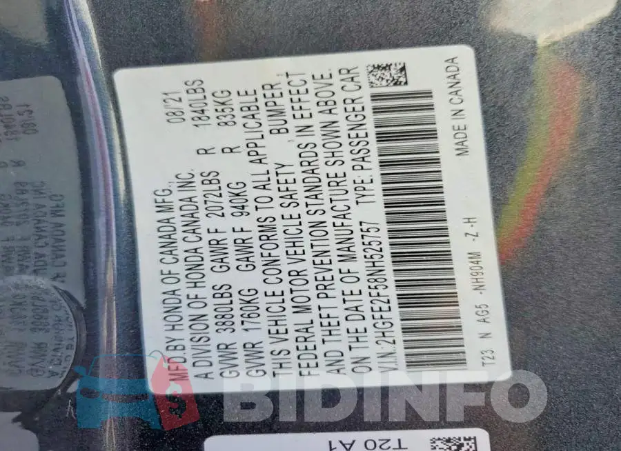 2HGFE2F58NH525757 Photo# 13