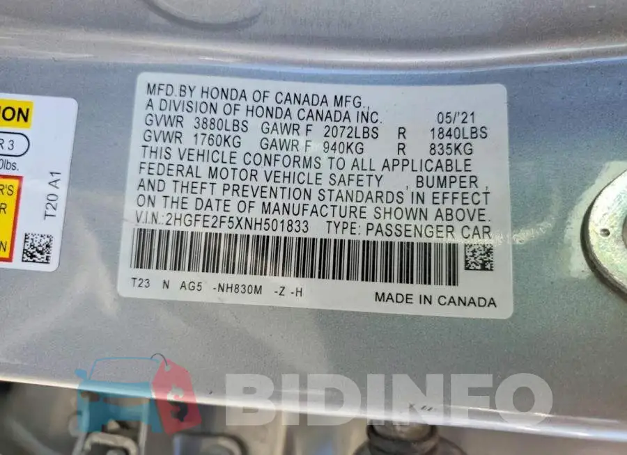 2HGFE2F5XNH501833 Photo# 12