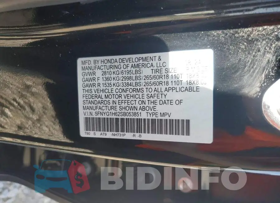 5FNYG1H62SB053851 Photo# 13