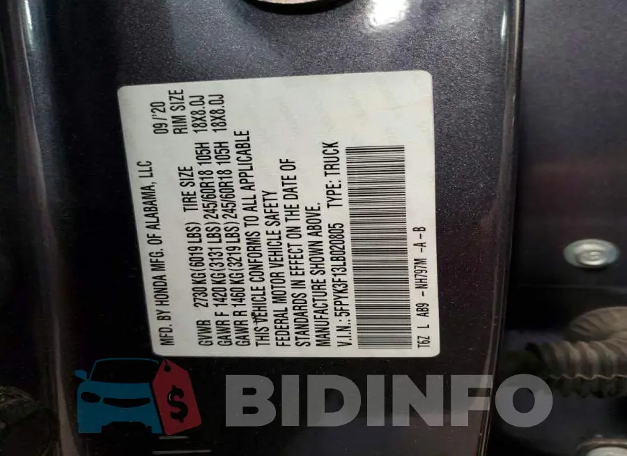 5FPYK3F13LB020805 Photo# 13