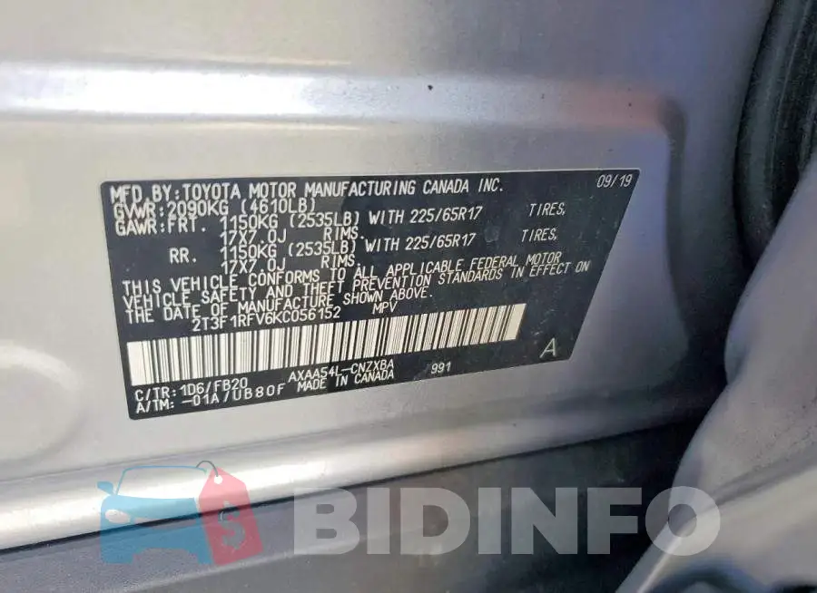 2T3F1RFV6KC056152 Photo# 13