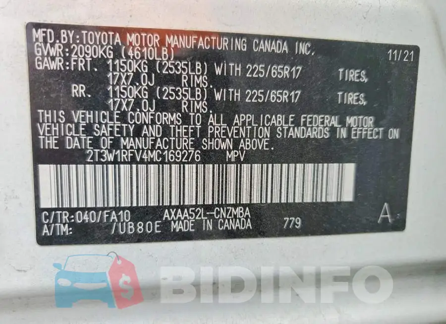 2T3W1RFV4MC169276 Photo# 13