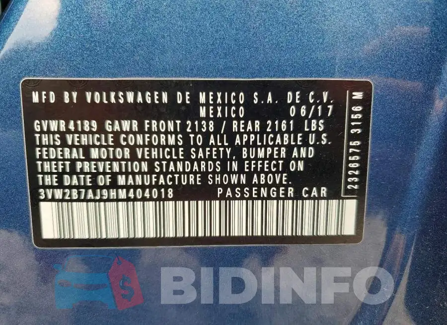 3VW2B7AJ9HM404018 Photo# 13