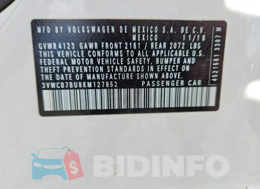 3VWCB7BU8KM127852 Photo# 12