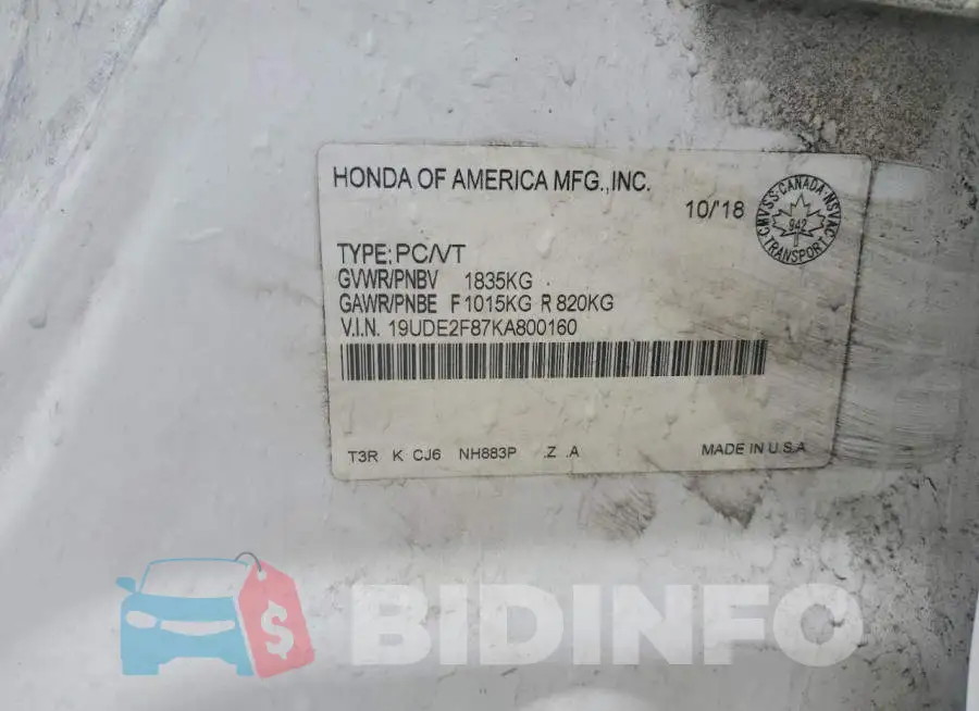 19UDE2F87KA800160 Photo# 12
