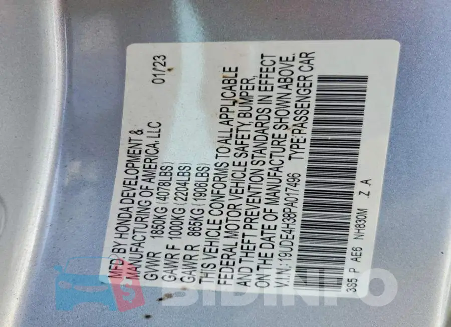19UDE4H38PA017496 Photo# 12