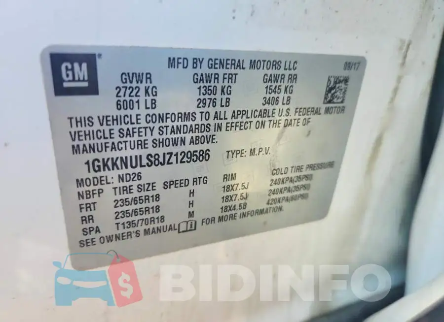 1GKKNULS8JZ129586 Photo# 12