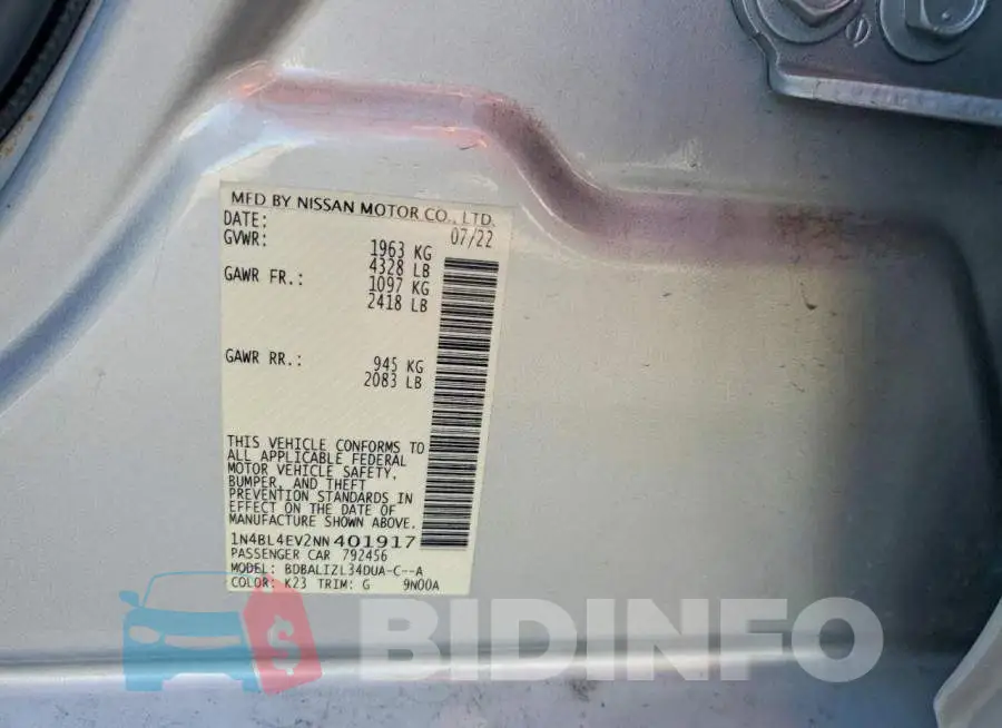1N4BL4EV2NN401917 Photo# 12