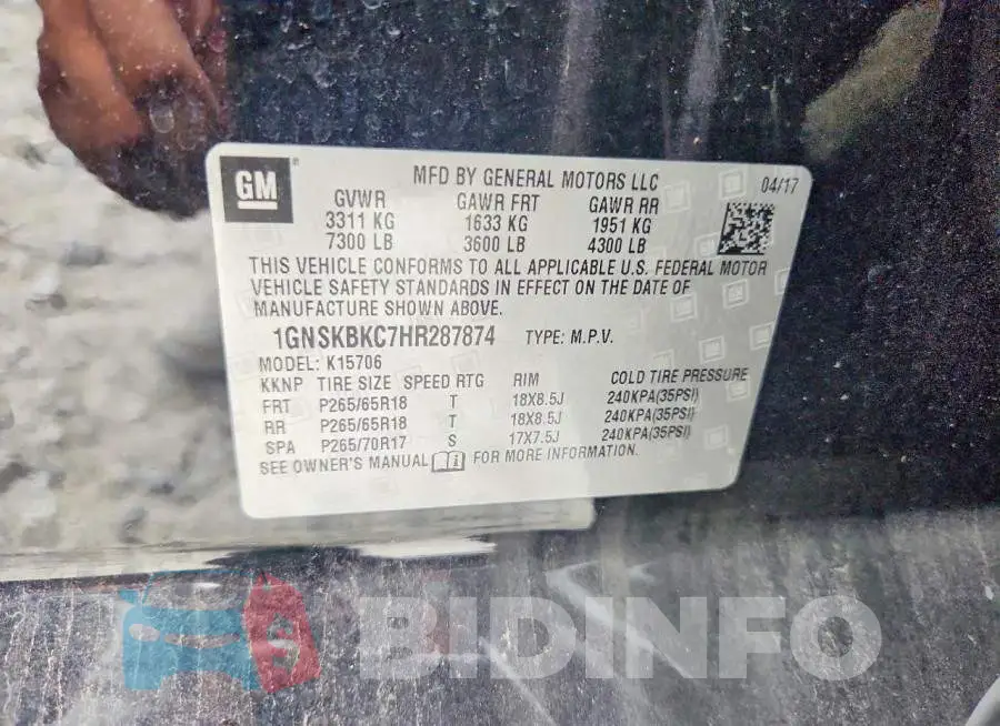 1GNSKBKC7HR287874 Photo# 13