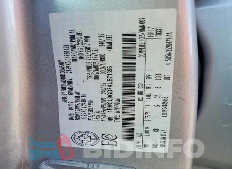 1FMCU9GD7KUB71396 Photo# 13