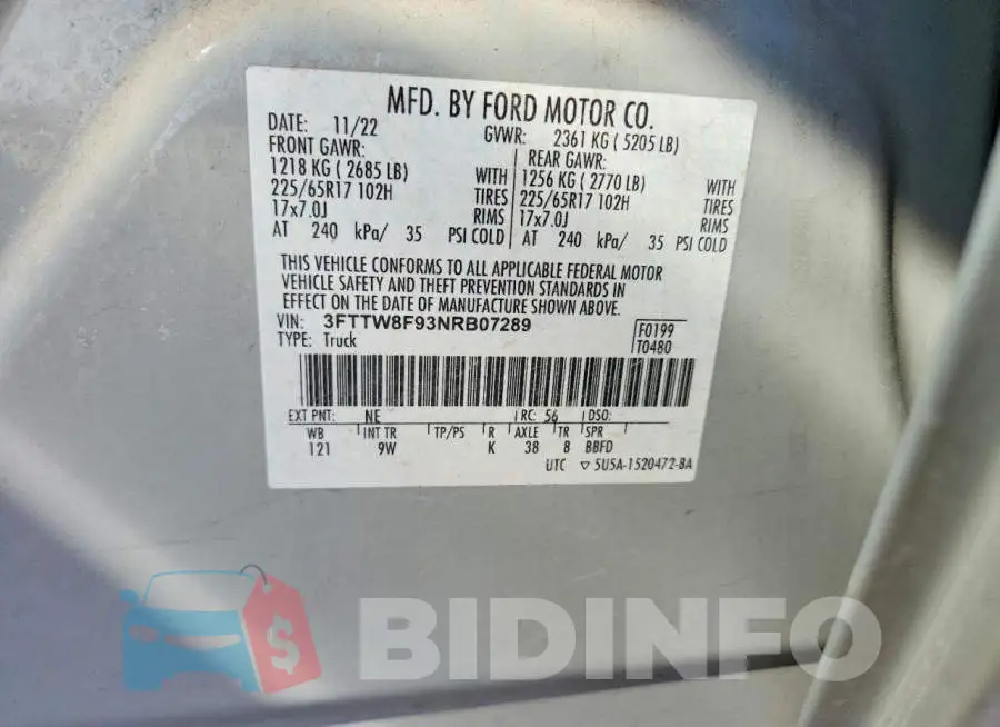 3FTTW8F93NRB07289 Photo# 12