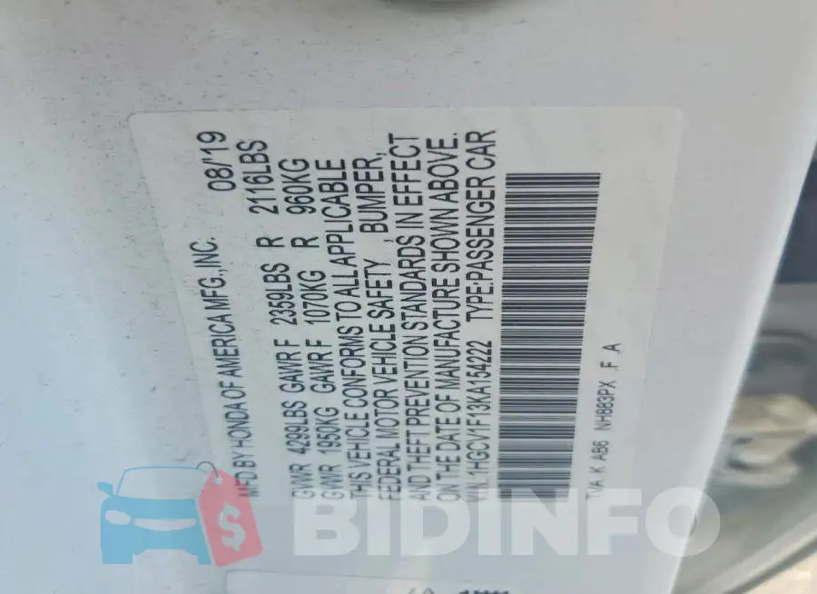 1HGCV1F13KA154222 Photo# 12