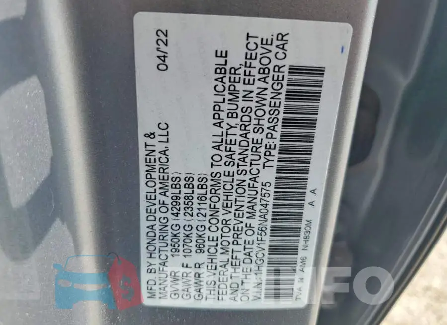 1HGCV1F56NA047575 Photo# 12