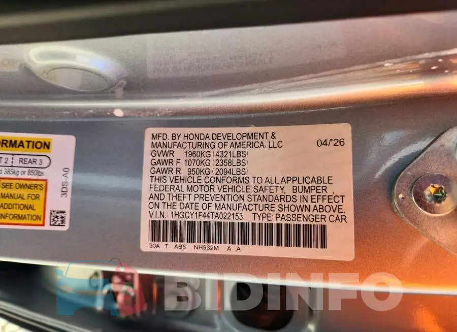 1HGCY1F44TA022153 Photo# 12