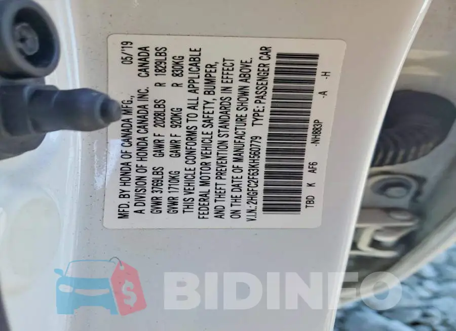 2HGFC2F63KH560779 Photo# 12