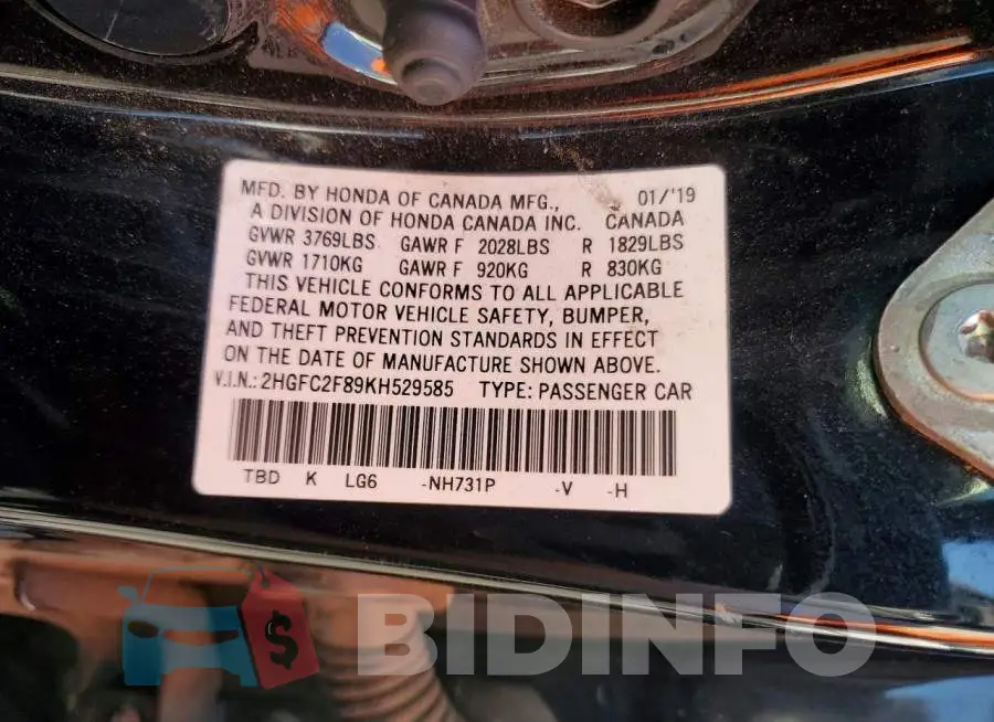 2HGFC2F89KH529585 Photo# 12