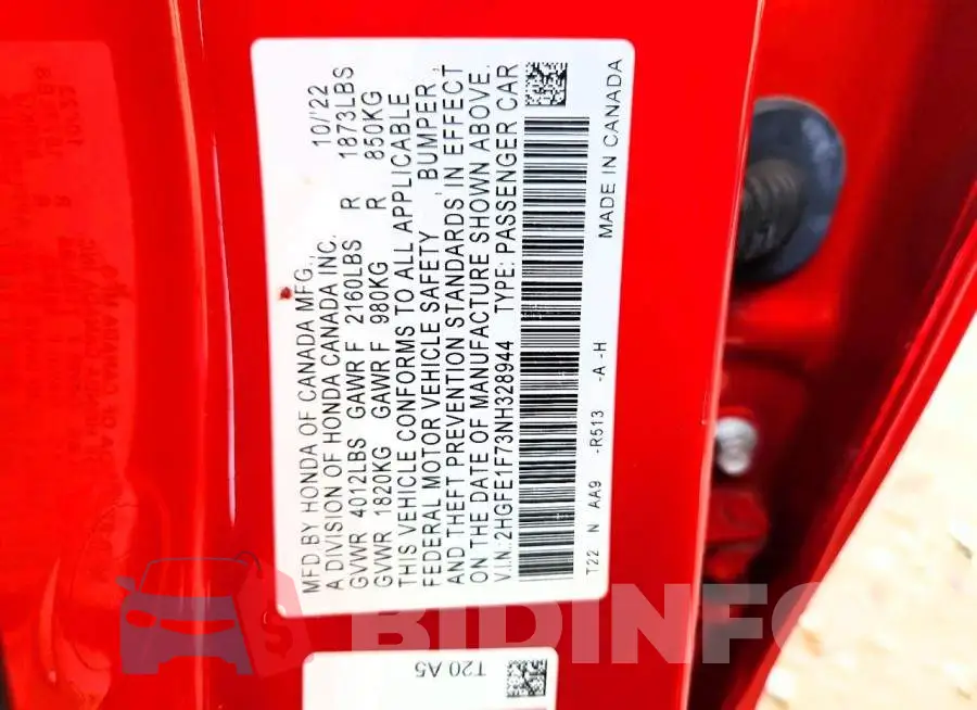 2HGFE1F73NH328944 Photo# 13