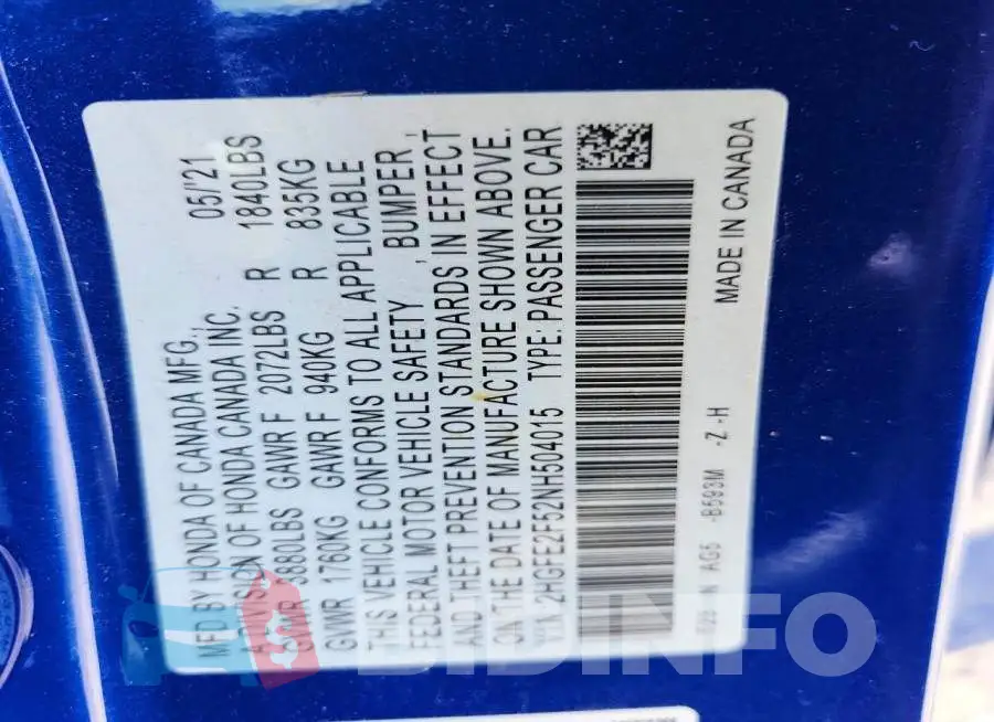2HGFE2F52NH504015 Photo# 12