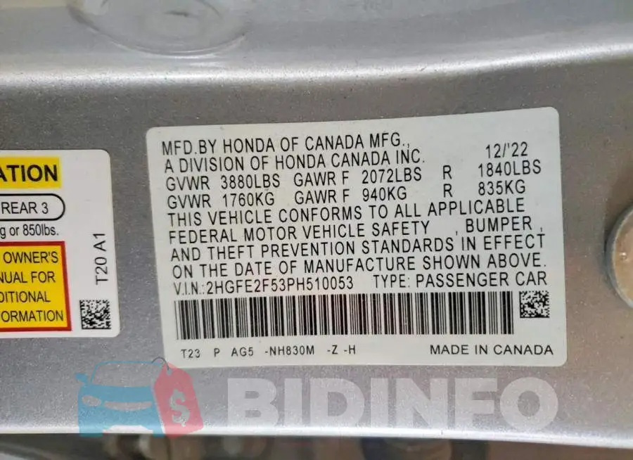 2HGFE2F53PH510053 Photo# 13