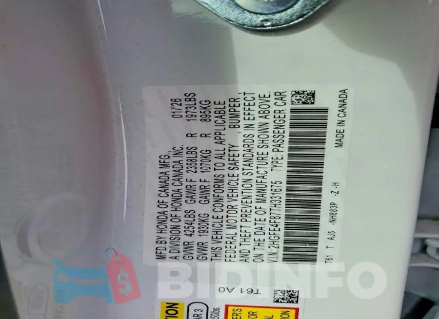 2HGFE4F87TH331675 Photo# 12