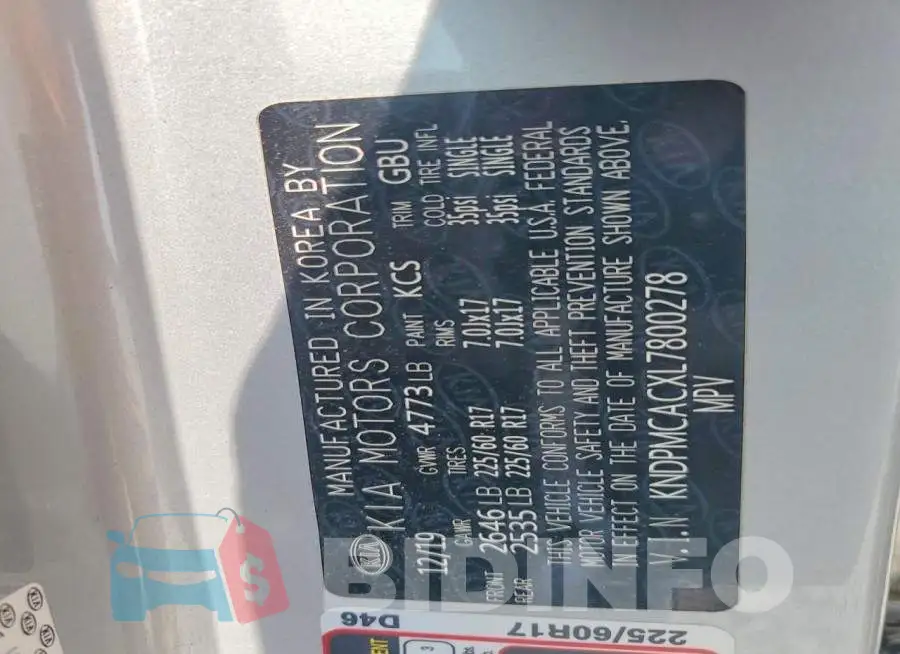 KNDPMCACXL7800278 Photo# 13