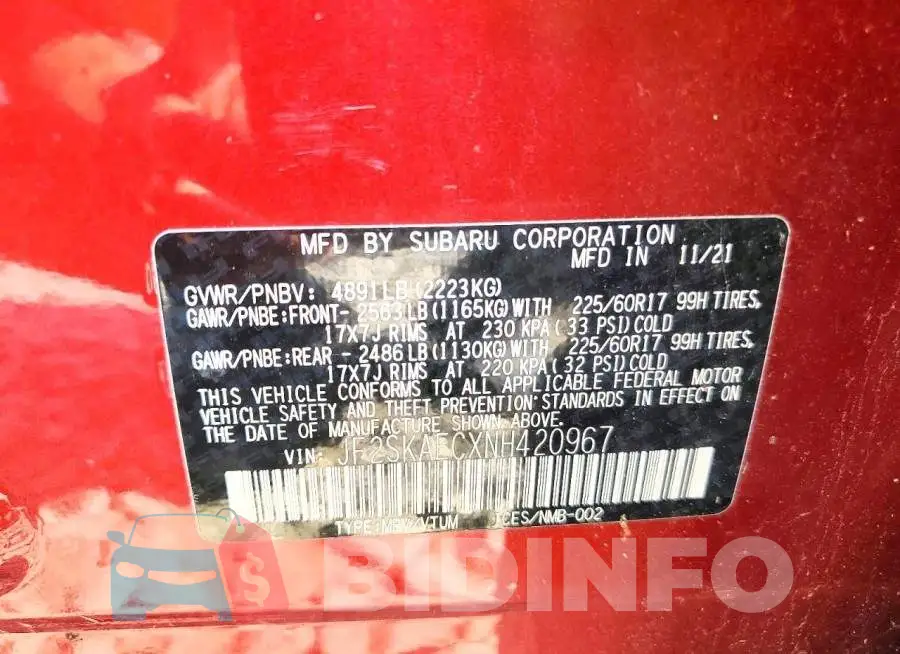 JF2SKAECXNH420967 Photo# 13