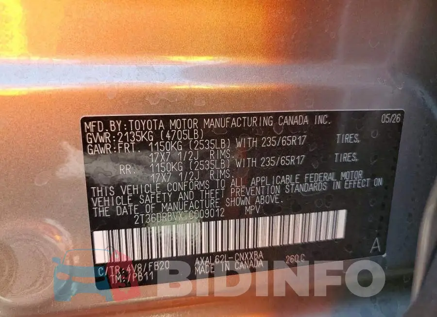 2T36DRBVXTC009012 Photo# 12