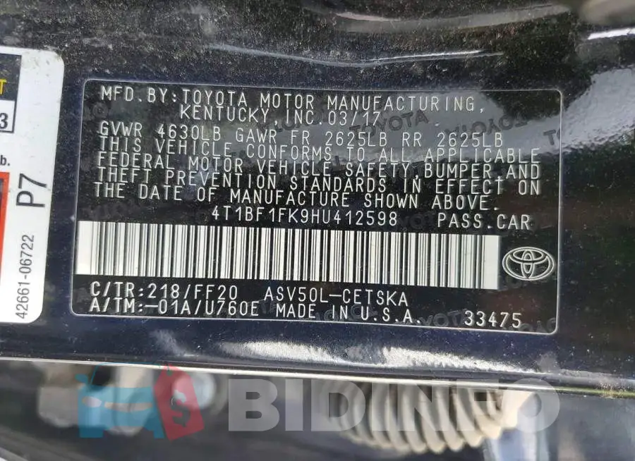 4T1BF1FK9HU412598 Photo# 12