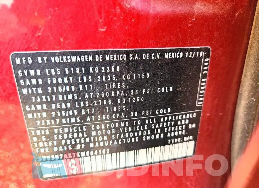 3VV3B7AX7KM064162 Photo# 13