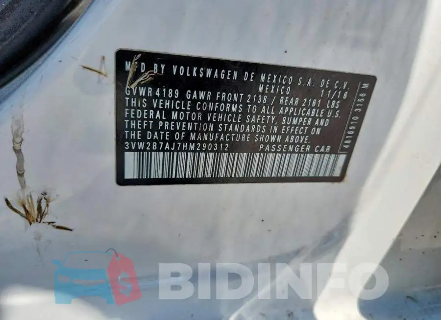 3VW2B7AJ7HM290312 Photo# 12