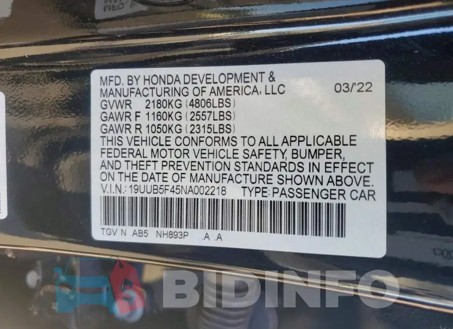 19UUB5F45NA002218 Photo# 12