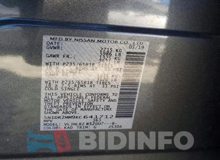 5N1DR2MM9KC641712 Photo# 13