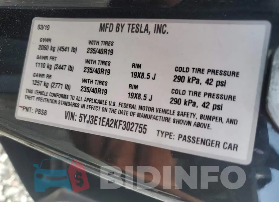 5YJ3E1EA2KF302755 Photo# 13