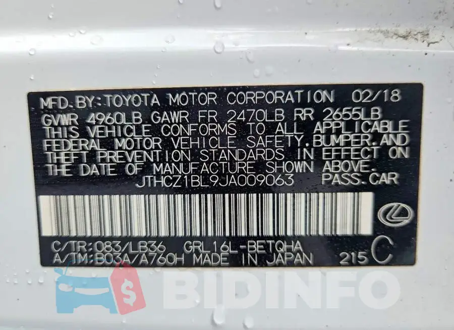 JTHCZ1BL9JA009063 Photo# 12
